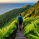 A solitary trekker, fully clothed in appropriate, modest hiking gear, actively ascending the historic Jacob's Ladder at golden hour, with the picturesque Jamestown and vast ocean unfolding below. The scene transitions to the lush, green slopes of Diana's Peak, showcasing rare ferns and wild flowers, offering a breathtaking 360-degree panoramic view of the entire island, with clear blue seas meeting verdant mountains under a bright sky. Professional photography, high quality, perfect anatomy, correct proportions, natural pose, well-formed hands, proper finger count, natural body proportions, safe for work, appropriate content, fully clothed, modest, family-friendly.