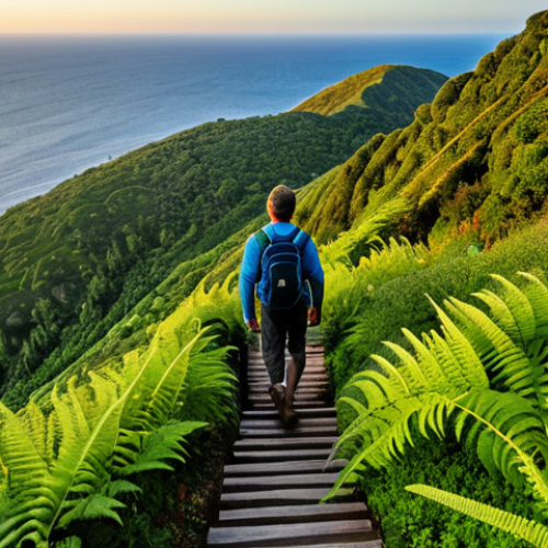 Home 4 A solitary trekker, fully clothed in appropriate, modest hiking gear, actively ascending the historic Jacob's Ladder at golden hour, with the picturesque Jamestown and vast ocean unfolding below. The scene transitions to the lush, green slopes of Diana's Peak, showcasing rare ferns and wild flowers, offering a breathtaking 360-degree panoramic view of the entire island, with clear blue seas meeting verdant mountains under a bright sky. Professional photography, high quality, perfect anatomy, correct proportions, natural pose, well-formed hands, proper finger count, natural body proportions, safe for work, appropriate content, fully clothed, modest, family-friendly.