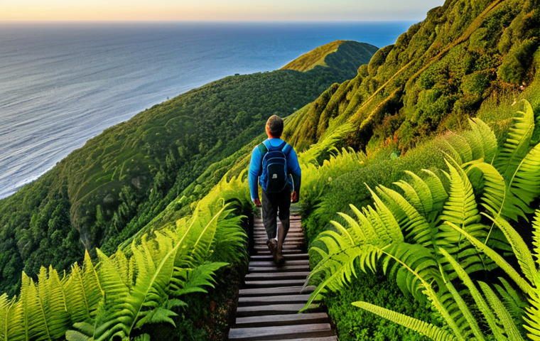 A solitary trekker, fully clothed in appropriate, modest hiking gear, actively ascending the historic Jacob's Ladder at golden hour, with the picturesque Jamestown and vast ocean unfolding below. The scene transitions to the lush, green slopes of Diana's Peak, showcasing rare ferns and wild flowers, offering a breathtaking 360-degree panoramic view of the entire island, with clear blue seas meeting verdant mountains under a bright sky. Professional photography, high quality, perfect anatomy, correct proportions, natural pose, well-formed hands, proper finger count, natural body proportions, safe for work, appropriate content, fully clothed, modest, family-friendly.